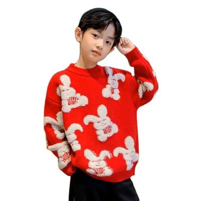 China Anti-Wrinkle Christmas Baby Boy Sweater Designs Infant Winter Long Sleeve Stylish Round Neck Cable Jacquard Knit Pullover Clothes For Kids for sale