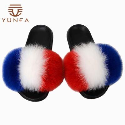 China Factory Wholesale Anti-Slippery Fashion Large Size Women's Furry Flat Slips Flurry Real Fox Fur Slippers Shoes Sandals For Ladies for sale