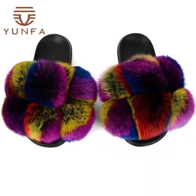 China Fashion Trend Sale Fox Fur Slippers Real Lovely Women Fur Flurry Custom Made Flat Furry Soft Warm Slide Shoes Sandals For Ladies for sale