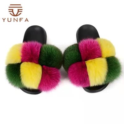 China Real Fox Fur Slippers Sale Lovely Women Fur Flurry Custom Made Flat Hairy Soft Warm Anti-Slippery Slide Shoes Sandals For Ladies for sale