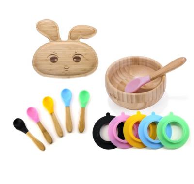 China Modern Baby Toddler Bamboo Rabbit Suction Dish Children Feeding Sets One Spoon One Dish One Bowl Set for sale