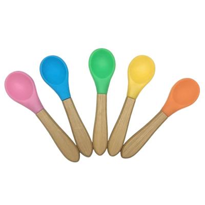 China 2020 New Sustainable Baby Bamboo Self Feeding Spoon Soft Tip Handle Training Silicone Bamboo Spoon Set For Kids Tuddler for sale