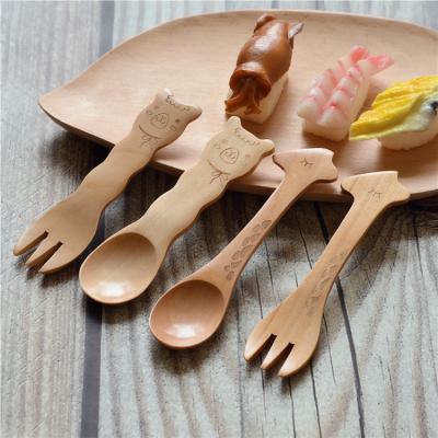 China Viable Sample AvailableCute Custom Fruit Food Kids Feeding Spoon Mini Bamboo Kids Gift Set Factory Cheap Wooden Fork And Spoon Baby for sale