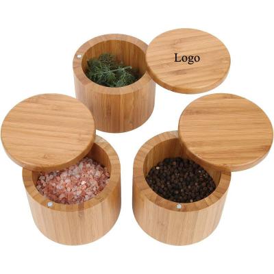 China Wholesale Available Freshness Preservation Sample Food Safe Round Bamboo Salt Box Spice Storage Box With Magnetic Swivel Lid for sale