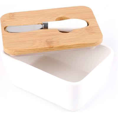 China Ceramic Freshness Keeping Butter Dish With Bamboo Lid And Knife Bamboo Steel Butter Dish With Lid Big Butter Container With Knife for sale