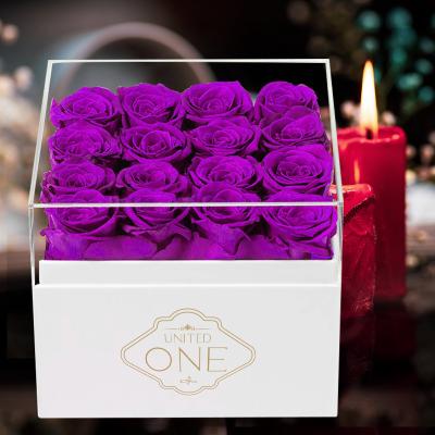 China Real Romantic Preserved Purple Rose Floral Boxes Flower Boxe Rose UO Sets Acrylic Preserved Roses Gift Box Square Flowers for sale