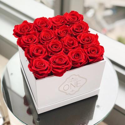 China Real Romantic Preserved Rose UO Two Year Old Rose Square Shaped In Box Eternal Preserved Red 16 PCs Preserved Flower Roses For Valentine Mother Gift for sale