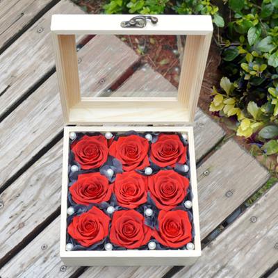 China Real Romantic Preserved Red Rose 9Pcs Durable Preserved Rose UO Wedding Day Gift A Grade Eternal Flower 9Pcs Roses In Glass Lip Wooden Box for sale