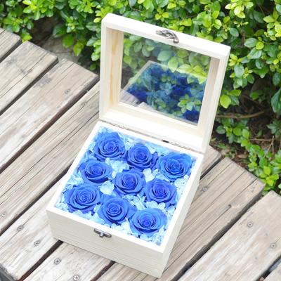 China Real Romantic Preserved Eternal Rose UO Glass Lip Flower Valentine's Day Gift 9Pcs In Wooden Box Durable Preserved Roses for sale