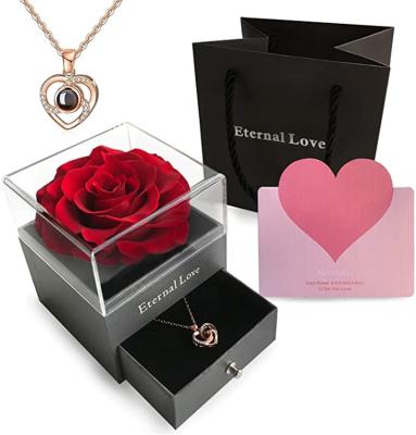 China Real Hot Valentines Day Romantic Preserved UO Amazon Rose Eternal Rose And Me Love U 100 Tongue Necklace Preserved Rose Flowers In Acrylic Gift Box for sale