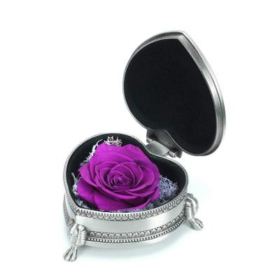 China Real Romantic Preserved Purple Rose Custom Metal Box Preserved Eternity Rose UO Roses in Ring Box For Valentines Mother's Day Gifts Heart Shaped Jewelry for sale