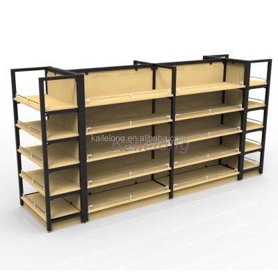 China Wooden Double Sided Gondola Supermarket Retail Store Storage Shelf Display Rack Rack for sale