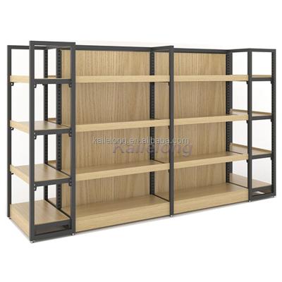 China Supermarket Shelf Double Sided Steel Wooden Combo Store Show Retail Display Gondola Shelf Rack for sale