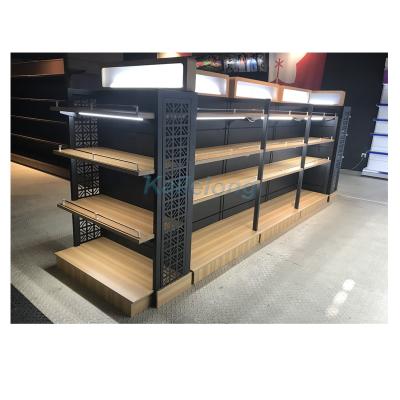 China Double Sided Retail Store Shelf Wall Gondola Shelf &Supermarket Heavy Cold Rolled Steel Wood Shelf for sale