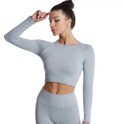 China Wholesale Breathable Quick-Dry Long Sleeve Threaded Plus Size Sports Tight-Fitting Yoga Wear Women's Solid Color Yoga Wear for sale