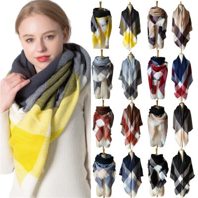 China Winter Women Plaid Women Cashmere Scarf Knit Pashmina Bandana Plaid Female Warm Triangle Scarves Cover Shawls And Wraps Bufanda for sale