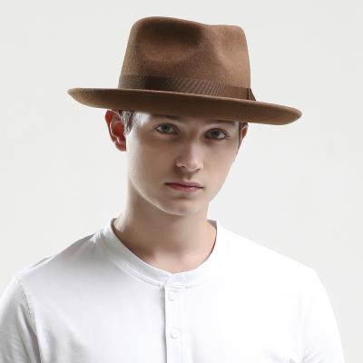 China Custom Outdoor Image Roll Overflow Brown Australia Wool Felt Fedora Hats For Men for sale