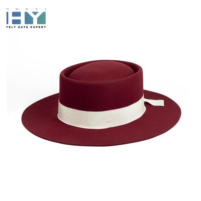 China Picture Men Women Unisex Plain Red Pattern 100% Wool Stiff Wide Flat Porkpie Hat for sale