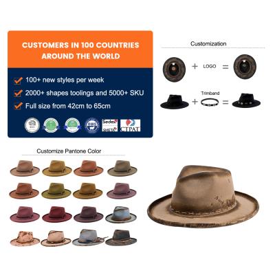 China Image China Factory Brown Handmade High Quality 100%wool Mens Felt Distressed Hats for sale