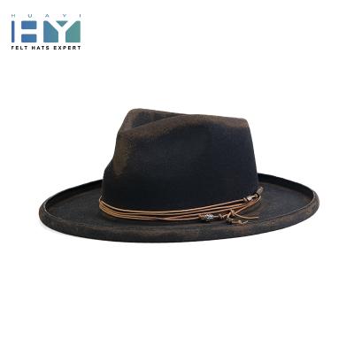 China Custom Image High Quality Black Extra Corporate Flat Brim 100%wool Mens Distressed Hats for sale