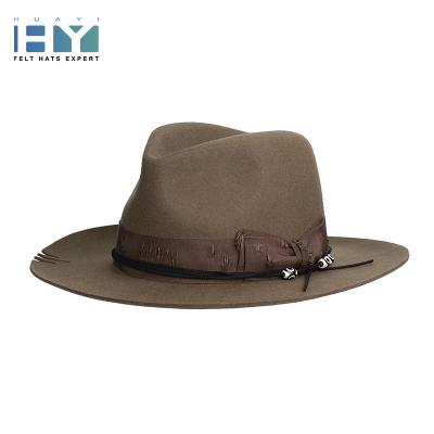 China Plush Winter Mens Distressed Grosgrain Band Brown 100% Color Vintage Stiff Edge Wool Fedora Hat for sale