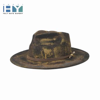 China Large Image Mens Winter Style 100% Hand Made Fashion Outdoor Distressed Yellow Brim Fedora Hat for sale