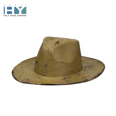 China 100% Handmade Good Quality 100% Mens Distressed Vintage Style Australia Wool Wide Brim Fedora Yellow Felt Hat for sale