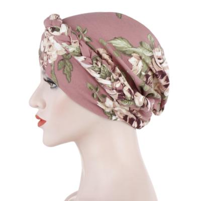 China Hot Selling Muslim Picture Women's Turban Hat New Flower Braided Ground Milk Winding Indian Printed Silk Turban for sale