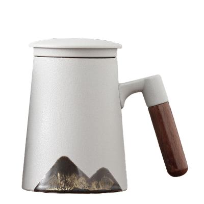 China Sustainable Ceramic Mug With Filtered Luster And Wooden Handle Ceramic Tea Cup for sale