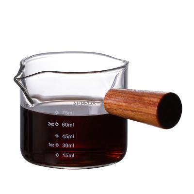 China Coffee Glass Cup Double Mouth Handle Coffee Glass Measuring Cup Minimalist Wooden Milk Cup for sale