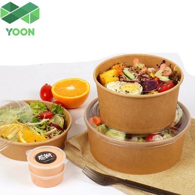 China Logo Printing Disposable Custom Kraft Paper Recyclable Bowls Hot Food Salad Bowl With Plastic Lids for sale