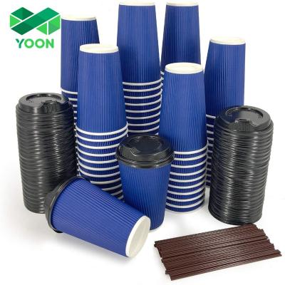 China Insulated Disposable Takeaway Corrugated Cups With Ripple Blue Wall Cup Lids Hot Coffee Drink Paper Cups for sale