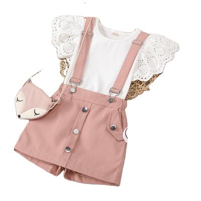 China 2022 other new children's wear girls pure color cavity flying sleeve around collar jacket suspenders pants trousers skirt set wholes for sale