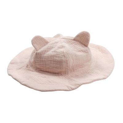 China 2021 Eco-Friendly Organic Cotton Newborn Baby Hat Double Gauze Fabric Kids Bucket Hats With Bear Ear for sale