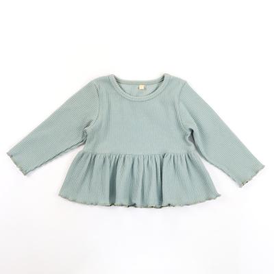 China 2021 Hot Sales Eco-friendly Boutique Summer Ribbed Cotton Long Sleeve Ruffles Soft Kids Simple Girls Dress for sale