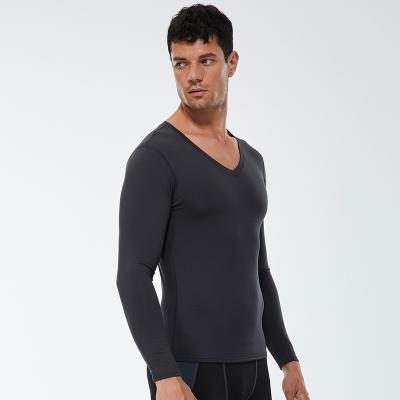 China Velvet Breathable V-Neckline Plus Exercise Solid Color High Elastic Sport For Men Compression Sleeve Fashion Tops Long for sale