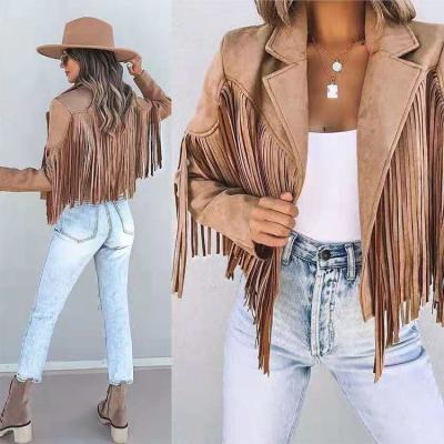 China Anti-wrinkle High Street Imitate Cowhide Tassel Short Outerwear Coat For Women for sale