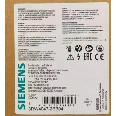 中国 SIEMENS 3RW4047-2BB04 SIRIUS SOFT STARTER S3 106 A, 55 KW/400 V, 40 °C 200-480 V AC, 24 V AC/DC SPRING-TYPE TERMINALS 販売のため