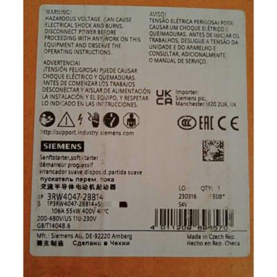 中国 SIEMENS 3RW4047-2BB14 SIRIUS SOFT STARTER S3 106 A, 55 KW/400 V, 40 °C 200-480 V AC, 110-230 V AC/DC SPRING-TYPE 販売のため