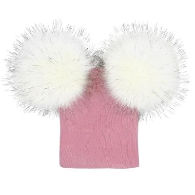 China JOINT Kids Mask Warm Winter Knitted Hat Custom Logo Pom Pom Double Beanie for sale