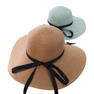 China Adult Custom Print Ribbon Summer Picture Wide Brim Women Beach Paper Straw Hat for sale