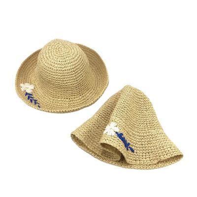 China Picture Fashion High Quality Adjustable Flower Embroidered Raffia Straw Bucket Hats for sale