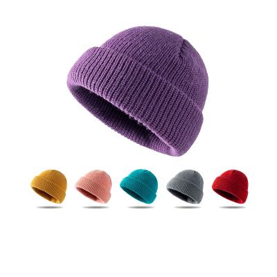 China Unisex Winter Solid Color Private Label COMMON Logo Plain Ribbed Knitted Beanie Custom Hat for sale