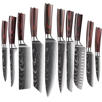 China Multifunctional Viable Laser Damascus Grit 10 Pcs Set Kitchen Knives Chosen Stainless Steel Chef Knife Sushi Santoku Knife Set for sale