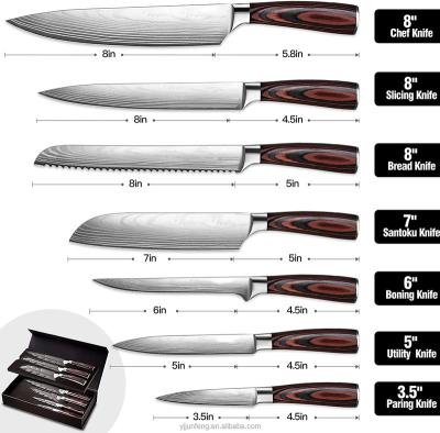 China Viable Professional 7PCS 5CR15 Movements Stainless Steel With Damascus Laser Pattern Kitchen Knife Set for sale