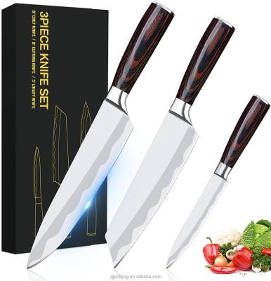 China Sustainable Professional Kitchen Knife Set With Ultra Sharp Blade And Wooden Handle 3 Pieces Stainless Steel Cooking Chef Knife Set for sale