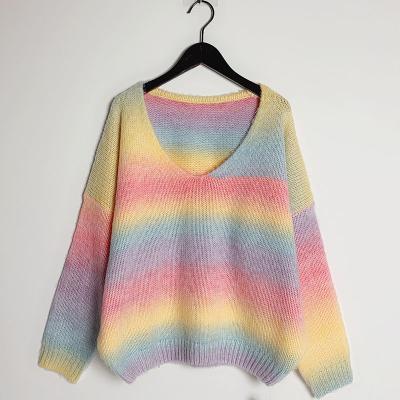 China 2021 Rainbow Spring Anti-wrinkle Autumn Customizied Tie Dye V-Neck Ribbed Women Knitted Pullover Sweaters for sale