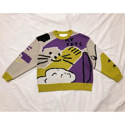 China High Quality Cotton Korean Knitwear Cartoon Anti-wrinkle Crewneck Jacquard Oversized Loose Sweater Jumper Custom Women Sweaters for sale