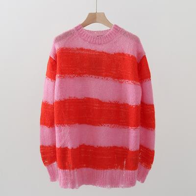 China Designer Oversized Pullover Knitwear Jumper Custom Knit Women Crewneck Striped High Quality Breathable Wool and Mohair Sweaters for sale