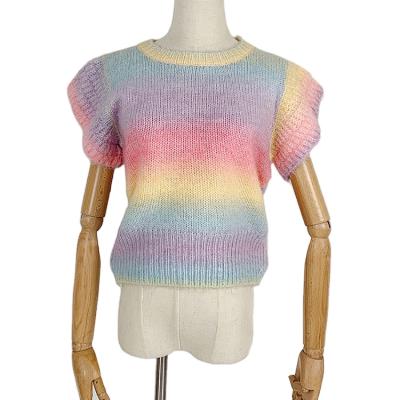 China Anti-Wrinkle Factory V-Neck Custom Women's Rainbow Knit Short Vest Dye Butterfly Sleeve Pollover Women Sweater Vest for sale